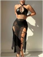 Sexy Cross-Tied Lingerie Set with Hollow-Out Design and Patent Leather Sleepwear - Image 6