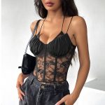 Sexy and Elegant Pleated Halter Sheer Lace Boned Fitted Strapless Jumpsuit - Image 2