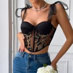 Cross-border  Butterfly Embroidery Fitted Lace-up Spicy Girl Lace Sexy Crop Top - Image 7