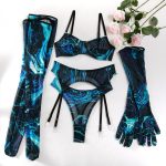 Sexy Transparent Push-Up Printed Underwear Set with Gloves and Leg Garters for Women (5-Piece Set) - Image 6