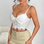 Bralette with Built-in Pads, Deep V-Neck Gathered Water-Soluble Flower Button Closure and Boning Strappy Camisole - Image 7