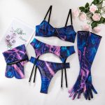 Sexy Transparent Push-Up Printed Underwear Set with Gloves and Leg Garters for Women (5-Piece Set) - Image 7