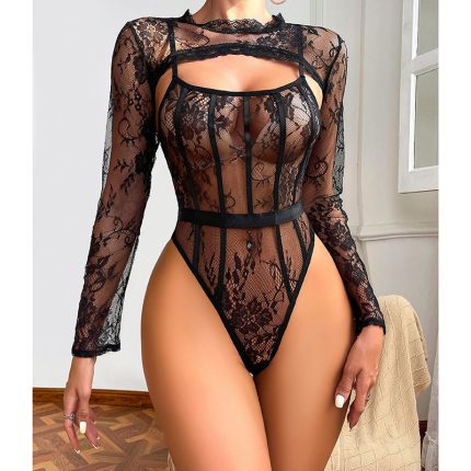 Sexy Mesh Transparent Lace with Cape Bodysuit Set