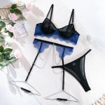 Sexy Lingerie Lace Mesh Splicing Contrast Color Gathered Transparent with Chain Three-Piece Set - Image 5