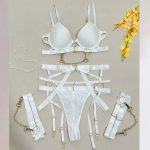 Sexy  Metal Chain Motorcycle Accessories Complex Craft Front Button Erotic Underwear Four-Piece Set - Image 5