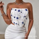 Floral Embroidery Bone Mesh Short Outerwear Tube Top - Image 7