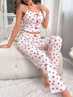 Sexy Ruffle Trimmed Multi-Color Heart Print Comfortable Casual Loungewear Set - Strap Shorts - Image 7