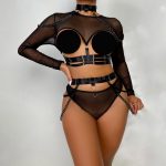 Complex Strap Halter Waistband Mesh Long Sleeve Sexy Women's Four-Piece Set - Image 3