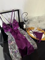 Sensual Silk Spliced Transparent Tempting V-neck Nightgown with Flower Straps Set - Image 5