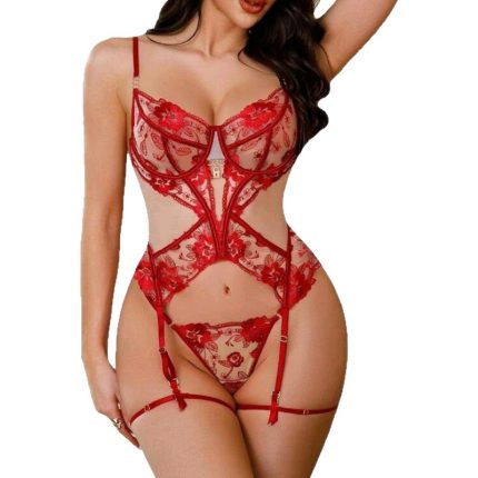 Sexy Bra Set Transparent Mesh Splicing Lace Lingerie Underwear Three-Piece Suit