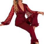 Sexy Satin Lace Heart Trumpet Sleeve Pajama Long Pants Set - Image 5