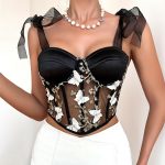Cross-border  Butterfly Embroidery Fitted Lace-up Spicy Girl Lace Sexy Crop Top