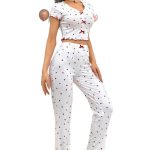 Style Printed Heart V-Neck Short Sleeve Pajamas for Women with Long Pants Two-Piece Set - Image 5