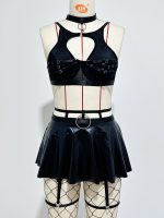 Lace Sexy Lingerie Set Bra Set Solid Color Leather Skirt with Fishnet Stockings Women's - Image 6