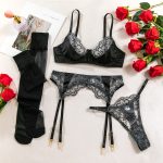 Heavy Embroidery Sexy Hollow-out Transparent Splicing Lingerie Set with Stockings for Women - Image 6