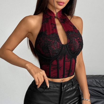 Sexy Lace Chinese Cheongsam Style Halter Neck Fitted Strapless Buttoned Boned Backless Crop Top
