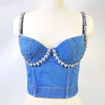 Denim Tube Top Shapewear Short Length Large Backless Pure Desire Style Strapless Camisole with Rhinestone Fishbone Design - Image 2