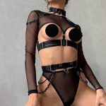 Complex Strap Halter Waistband Mesh Long Sleeve Sexy Women's Four-Piece Set - Image 2