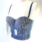 Style Distressed Denim Bralette with Built-in Pads, Crisscross Back Halter Top with Rhinestones, Studs, and Tassel Straps - Image 2