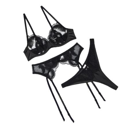 Embroidered and spliced sexy lingerie set perspective style garter belt three piece set