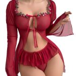 Sexy Mesh Transparent Long Sleeve Slit Lace Outerwear Erotic Set - Image 5