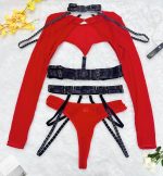 Complex Strap Halter Waistband Mesh Long Sleeve Sexy Women's Four-Piece Set - Image 7