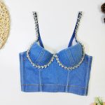 Denim Tube Top Shapewear Short Length Large Backless Pure Desire Style Strapless Camisole with Rhinestone Fishbone Design - Image 4