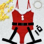 Christmas style plush spliced sexy tight red jumpsuit lingerie set - Image 5