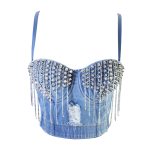 Style Distressed Denim Bralette with Built-in Pads, Crisscross Back Halter Top with Rhinestones, Studs, and Tassel Straps