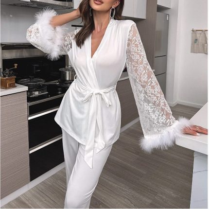 Sexy Lace Satin V-Neck Sleepwear Robe Erotic Set - Style Splicing Design