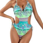 Bikini Sexy Backless Fitted Printed Swimsuit Tied One-Piece Ruffle Swimwear - Image 5