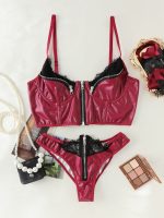 Feminine Lace Eyelash Trim PU Leather Zipper Decorative Intimate Underwear Set - Image 7