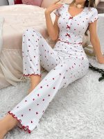 Style Printed Heart V-Neck Short Sleeve Pajamas for Women with Long Pants Two-Piece Set - Image 6