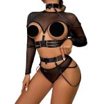 Complex Strap Halter Waistband Mesh Long Sleeve Sexy Women's Four-Piece Set