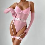 Sexy Lingerie One-Piece Bodysuit with Gloves and Bandage Transparent Mesh Underwear - Image 2
