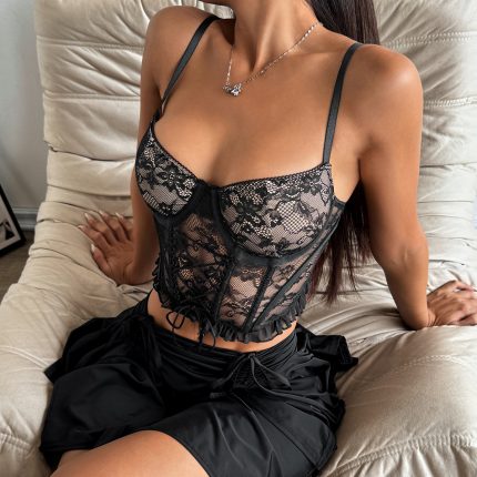 Spring and Summer Pure Desire Style  Floral Lace Small Frill Tied String Steel Ring Boned Mini Strapless Top