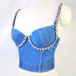 Denim Tube Top Shapewear Short Length Large Backless Pure Desire Style Strapless Camisole with Rhinestone Fishbone Design - Image 3