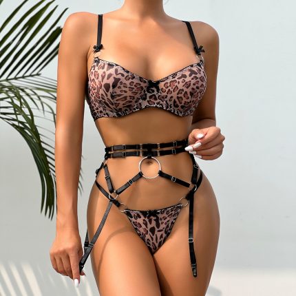 Leopard Print Sheer Sexy Wild Three-Piece Set Underwear