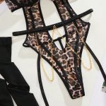 Sexy Leopard Print Jumpsuit Erotic Lingerie Set with Metal Chain Anklets and Stockings for Role Play - Image 3
