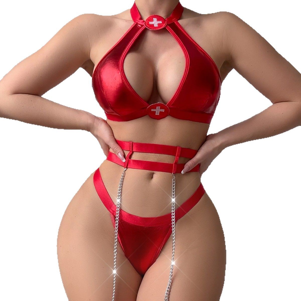 573989477 Halloween costume temptation neck hanging nurse role-playing costume with leg rings fun lingerie five piece set - Image 1