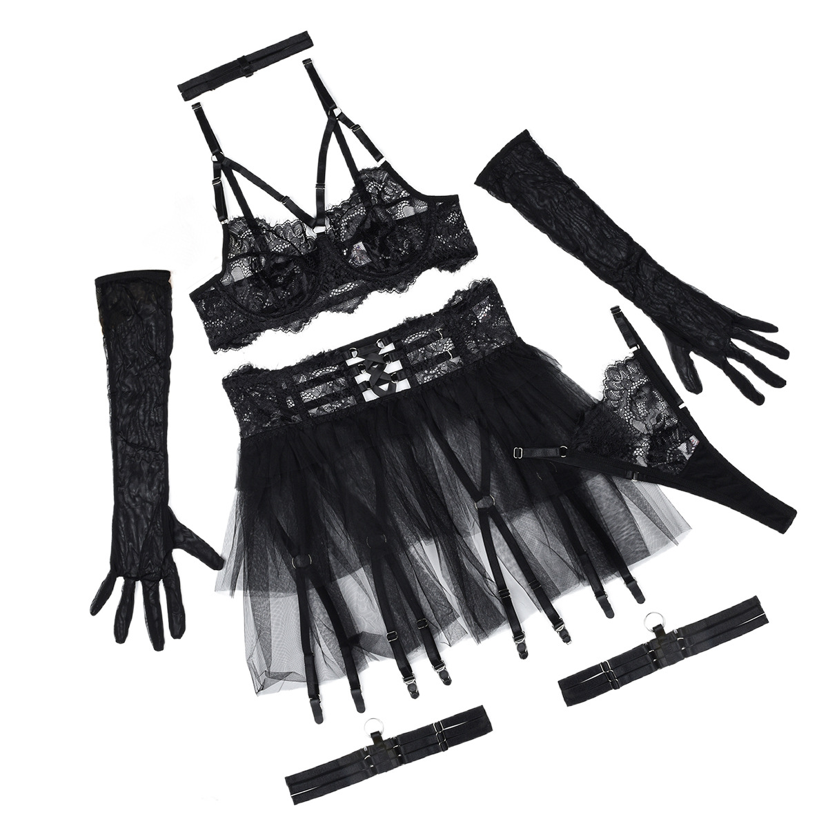 573992161 Sexy lingerie lace see through mesh sexy fluffy skirt six piece set for women - Image 1