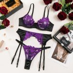 Style Sexy Lingerie Mesh Transparent Splicing Contrast Color Embroidery Bra Garter Belt Three-Piece Set for Women - Image 6