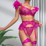 Lingerie Set Fashion Feather Splicing Removable Metal Chain Lace Trim Sexy Four-Piece Set - Image 5
