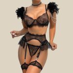 Lingerie Set Fashion Feather Splicing Removable Metal Chain Lace Trim Sexy Four-Piece Set - Image 3