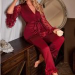 Sexy Satin Lace Heart Trumpet Sleeve Pajama Long Pants Set - Image 3