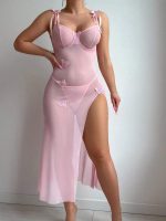 Sexy Sheer Mesh Tempting Lace Backless High Slit Light Blue Lingerie Strap Dress - Image 8
