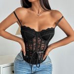 Style Tie-Back A-Line Fitted Spicy Corset Lace Trim Sheer Strapless Crop Top - Image 3