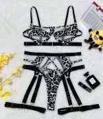 Complex Craft Nightclub Leopard Print Splicing Mesh Waist Shaping Sexy Lingerie Set - Image 6