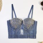 Style Distressed Denim Bralette with Built-in Pads, Crisscross Back Halter Top with Rhinestones, Studs, and Tassel Straps - Image 3