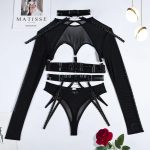 Complex Strap Halter Waistband Mesh Long Sleeve Sexy Women's Four-Piece Set - Image 6